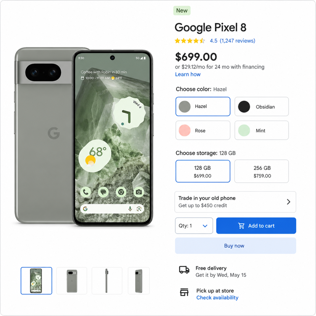 Google Pixel phones displayed with purchase options on screen