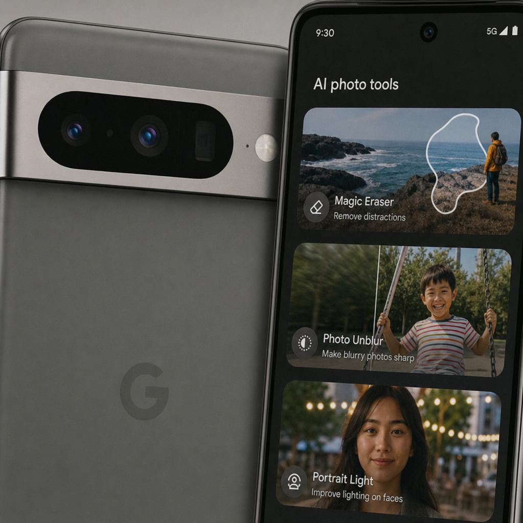 Close-up of Google Pixel camera bar and display showing AI photo tools